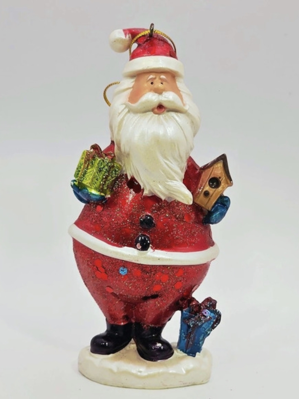 Kitschy Sequin Santa Ornament with Birdhouse Holiday Tree Decor Stands or Hangs